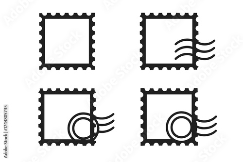 Postage stamp icon vector set with transparent background, mail and postmark symbols collection, square border edges, postal communication concept, delivery and mailing design art
