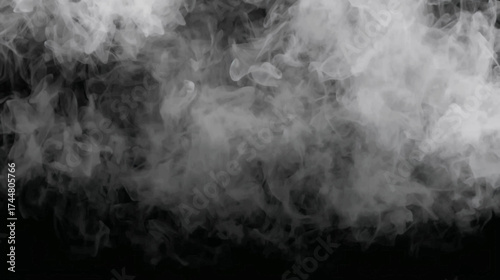 Abstract wisps of white smoke billow against a stark black background, creating a dynamic and ethereal visual effect, perfect for artistic and atmospheric compositions.