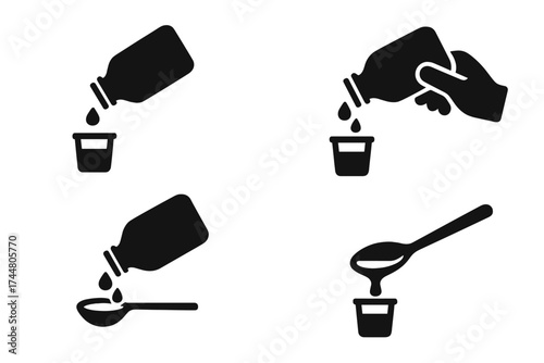 Medicine Dosage Pouring Medicine Bottle Drops Spoon Measuring Liquid Medicine Dosing Icon Vector Illustration Set with Transparent Background for Health Care