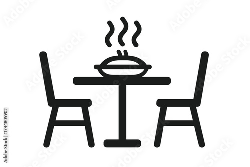 Restaurant dinner concept with hot steaming dish on table and two chairs, vector icon illustration for food service, dining, hospitality, meal, cuisine, restaurant interior