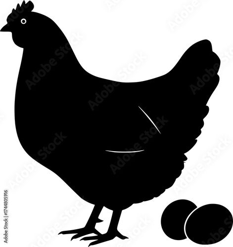 Charming hen silhouette with fresh eggs farm poultry bird in standing pose for agricultural design