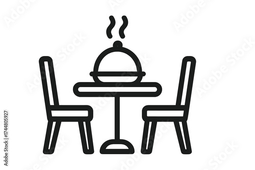 Restaurant dinner concept with hot steaming dish on table and two chairs, vector icon, food service, dining set, meal illustration with transparent background, hospitality and cuisine
