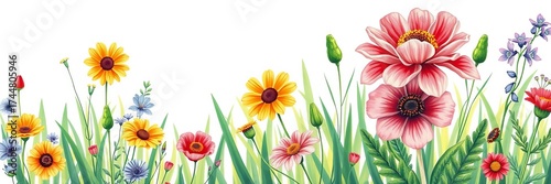 A delightful watercolor meadow illustration features vibrant yellow sunflowers, delicate pink blooms, and lush green foliage against a clean white backdrop for sp.