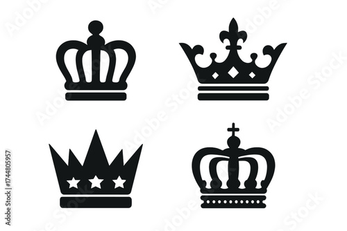 Royalty crowns icons set vector illustration, elegant classic and modern crown silhouettes, monarchy symbols, king and queen jewelry design, transparent background ordered collection