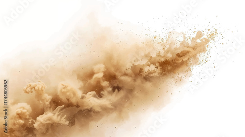 A dynamic cloud of fine, brown dust dramatically erupts against a clean, white background, creating a sense of movement and impact.