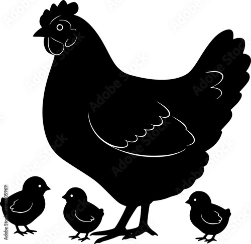 Adorable mother hen with three baby chicks silhouette family scene showcasing nurturing farm poultry bond