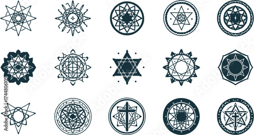 Intricate geometric mandalas and religious symbols are displayed in a pattern, offering visual interest and diverse design elements for spiritual or decorative purposes.