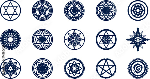 A collection of intricate, circular geometric designs featuring stars and complex patterns, perfect for esoteric or decorative projects and visual elements.