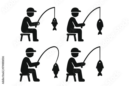Silhouette fisherman icon set vector collection, fishing hobby illustrations, person with fishing rod catching fish, fishing sport symbols, outdoor recreation, fishing chair, transparent background
