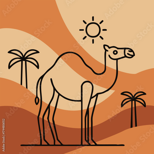 Vector illustration of camel silhouette in desert landscape with sand dunes, palm trees, and mosque at sunset, symbolizing Arabian culture, wildlife, and travel in minimal flat style artwork.