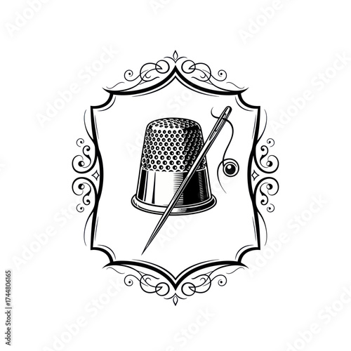 Vintage Sewing Thimble and Needle Illustration.