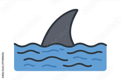 Shark fin above ocean water surface vector illustration, marine wildlife silhouette in blue waves, sea predator symbol for design, transparent background