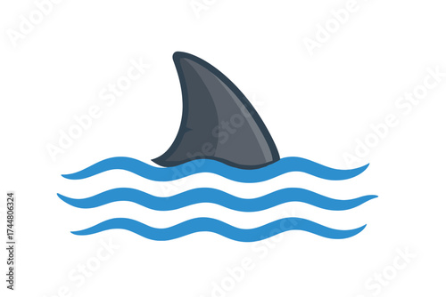Shark fin above blue ocean waves vector illustration. Dangerous marine predator fin silhouette, aquatic wildlife symbol, sea surface water waves, ocean wildlife vector art.