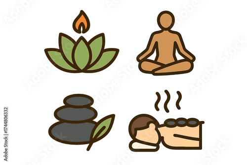 Spa icons set with hot stone massage, hot yoga, zen meditation, and wellness symbols, vector illustration with transparent background, relaxing spa elements for health and wellness