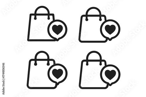 Shopping bag with heart love symbol icon set, vector illustration of online store love, favorite shop, like button, customer favorite, e-commerce bag collection