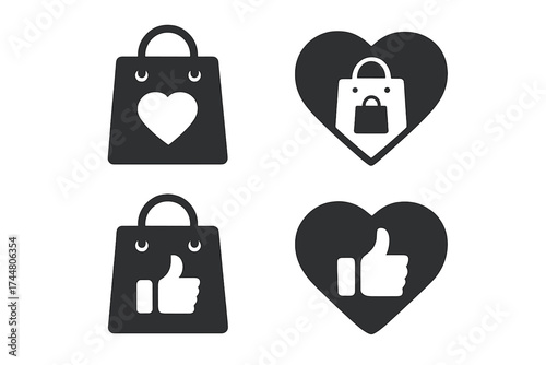 Shopping bag icons with love heart and like thumbs up symbols, set of vector illustrations for e-commerce, digital shopping, online store concepts, black and white flat design