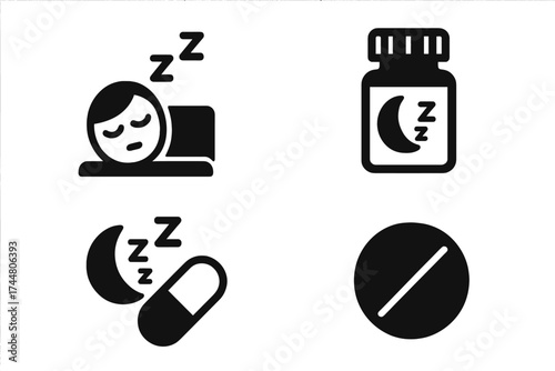 Sleeping pill icon set for insomnia relief. Vector illustration of sleep aid, medicine bottle, capsule with moon and Zzz symbols, healthcare concept, insomnia treatment icons for wellness and rest