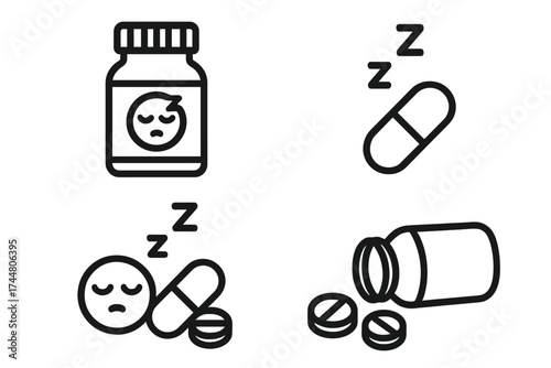 Sleeping pills and insomnia treatment vector icons set, medicine bottle and pills illustration for sleep aid, medicine concept, insomnia relief, sleep disorder remedy design, transparent background