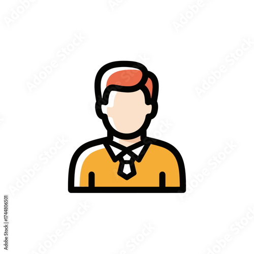 A simplified, stylized icon representing a person, depicted as a bust with short, reddish-brown hair, wearing a collared shirt and tie, set against a plain white background.