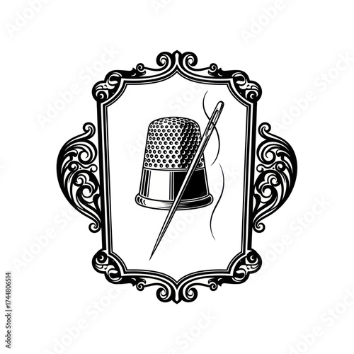 Vintage Thimble and Needle in Ornate Frame.