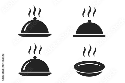 Takeaway hot coffee vector illustration set with steaming trays and plates, transparent background, ordered icons for food delivery, restaurant service, fast food industry