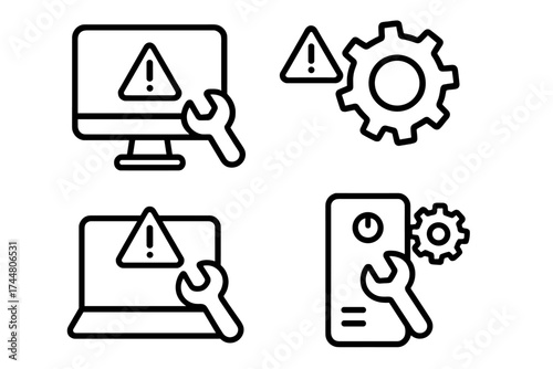 Technical problem vector icon set with warning signs, gears, wrench tools, and computer and laptop symbols, concept maintenance, troubleshooting, and system error alerts
