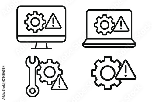 Technical problem icon set with warning symbols and gears, vector illustration of computer and laptop error, maintenance and repair icons with transparent background