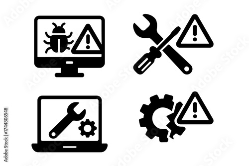 Technical problem icons vector set with warning alerts, bug, wrench, screwdriver, gear repair, maintenance symbols, computer and laptop troubleshooting illustrations, transparent background