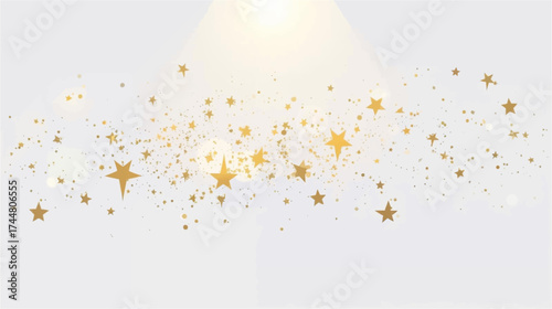 Golden stars and particles float against a soft white background, illuminated by a bright light, creating a magical and celebratory atmosphere.