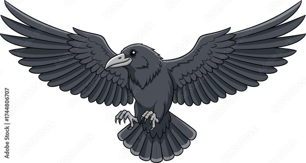 Naklejka premium Flying raven illustration vector, black bird in motion, detailed feather artwork, symbolic animal clipart, dark fantasy design, gothic wildlife silhouette graphic