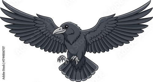 Flying raven illustration vector, black bird in motion, detailed feather artwork, symbolic animal clipart, dark fantasy design, gothic wildlife silhouette graphic