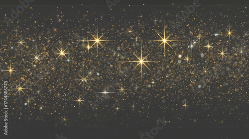 Elegant golden glitter sparkles and stars float against a dark background, creating a festive, magical, and luxurious visual effect for celebrations and special occasions.