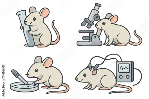 Laboratory mouse in scientific experiments set. Vector illustration of white lab rats with test tube, microscope, petri dish, and EEG monitoring device. Transparent background.