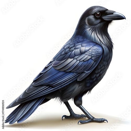 Detailed Black Raven Bird on White Background crow