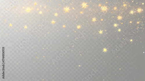 Golden glitter particles float against a transparent background, creating a magical and festive atmosphere perfect for celebrations and special occasions.