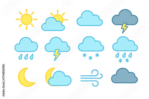 Weather forecast icons vector set with transparent background, colorful sun, clouds, rain, thunderstorm, snow, wind, moon, night and day weather symbols