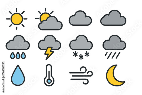 Weather forecast icons set, vector illustrations with sun, cloud, rain, lightning, snow, wind, temperature, water drop, moon, transparent background, meteorological symbols collection