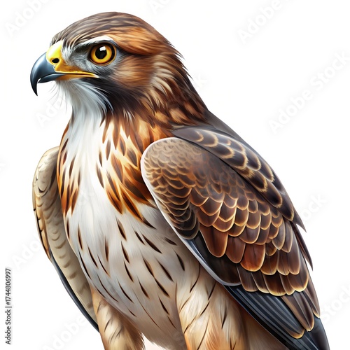 Full Body Illustration of a Red Tailed Hawk on White Background Keywords: hawk, bird of prey