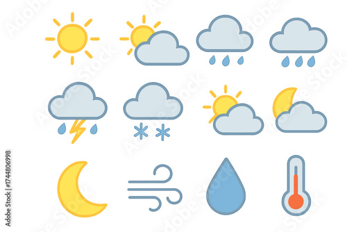 Weather forecast icons set with sun, clouds, rain, snow, lightning, moon, wind, drop, and thermometer symbols in vector illustration, transparent background, ordered weather elements
