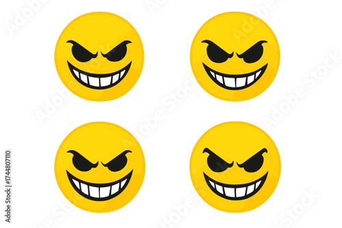 Wicked face emoji icon set with transparent background, evil grin smiley vector illustrations, mischievous expressions, playful and sinister emoticons, ordered collection