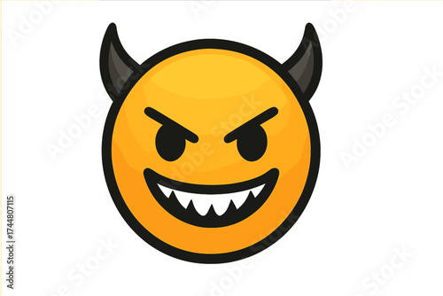 Wicked face emoji icon with devil horns and sharp teeth, mischievous expression, vector illustration, evil smile symbol, transparent background, emoticon set design