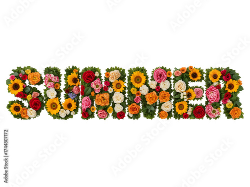 Word Summer formed by colorful flowers and green leaves isolated on a transparent background