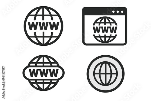 Internet connection www icons set. Global web network symbols, internet browser and digital world. Online communication vector illustration with transparent background, ordered design elements