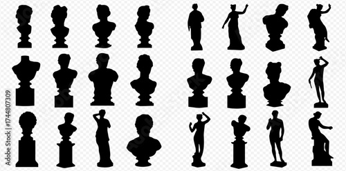 A collection of black silhouettes of classical Greek and Roman statues and busts on a transparent background.