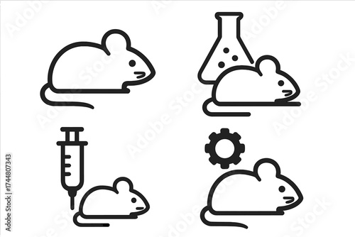 Rat and Rodent Vector Icon Set with Laboratory Science, Injection, and Mechanical Gear Symbols, Minimalistic Animal Silhouettes, Transparent Background