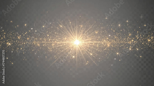 A bright, radiant light bursts forth, illuminating a field of shimmering particles, creating a captivating visual display of energy and brilliance against a transparent background.