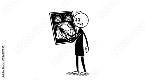 Concerned Doctor Stick Figure Examining an X-ray with Frowning Expression Medical Review in Black and White Cartoon Style Isolated on White Background. This Illustration Highlights Health Issues and