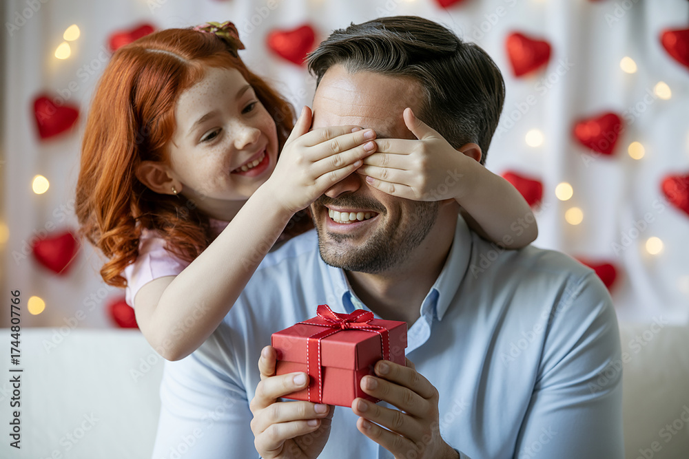 Fototapeta premium Daughter surprises dad with a valentine s day gift