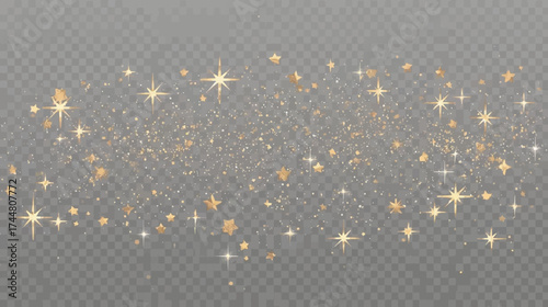 Golden glitter and sparkling stars float on a transparent background. This elegant design element adds a touch of magic and festivity.