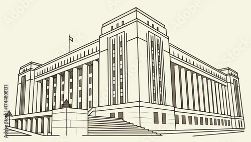 Architectural line drawing of a grand, classical government building with a symmetrical facade and staircase.